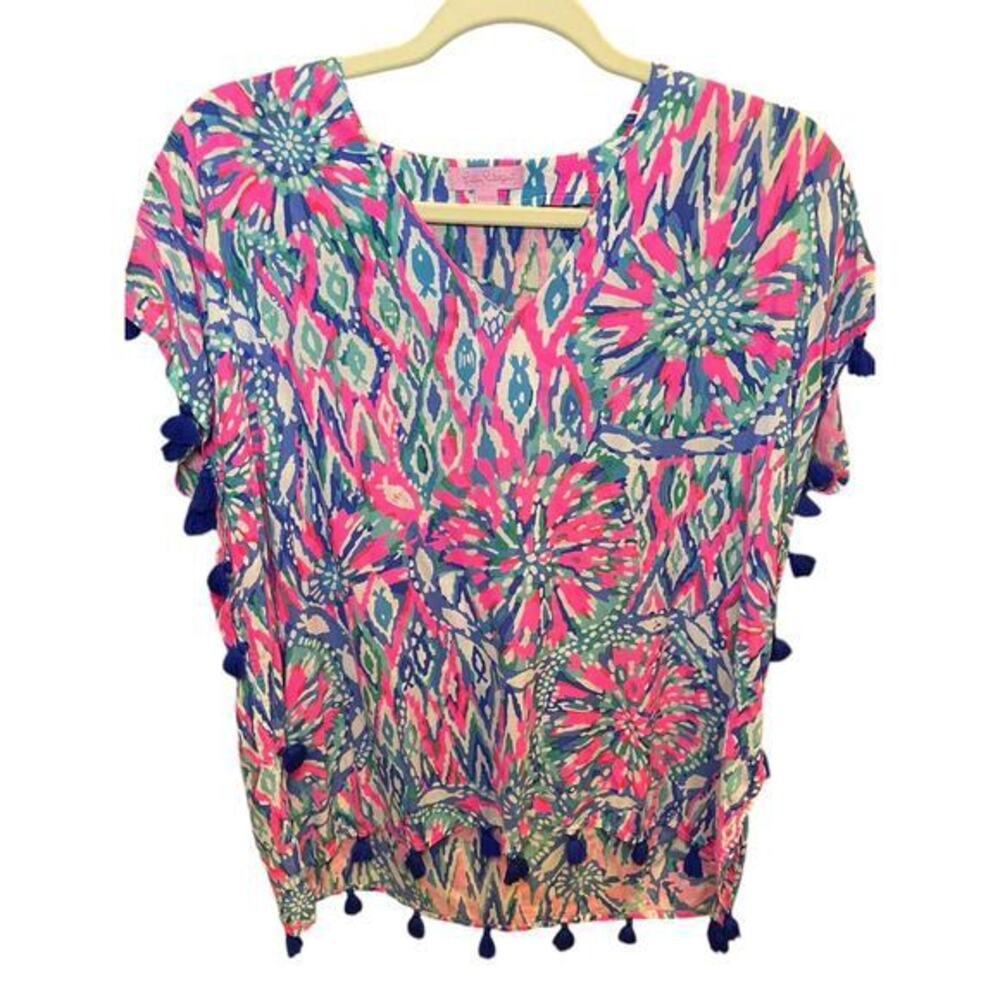 Lilly Pulitzer Women‎ XS Top Tunic Short Sleeve Sydney Caftan Pink Blue Tassels
